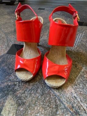 BCBGMaxAzria Red Patent Espadrille Wedge Sandals